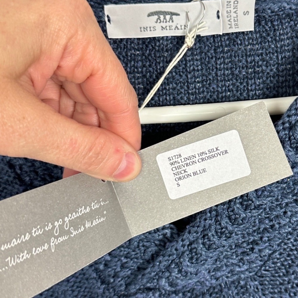 Inis Meain 90% Linen 10% Silk Blue Chevron Cable Knit Sweater Men Size Small NEW - Picture 6 of 16